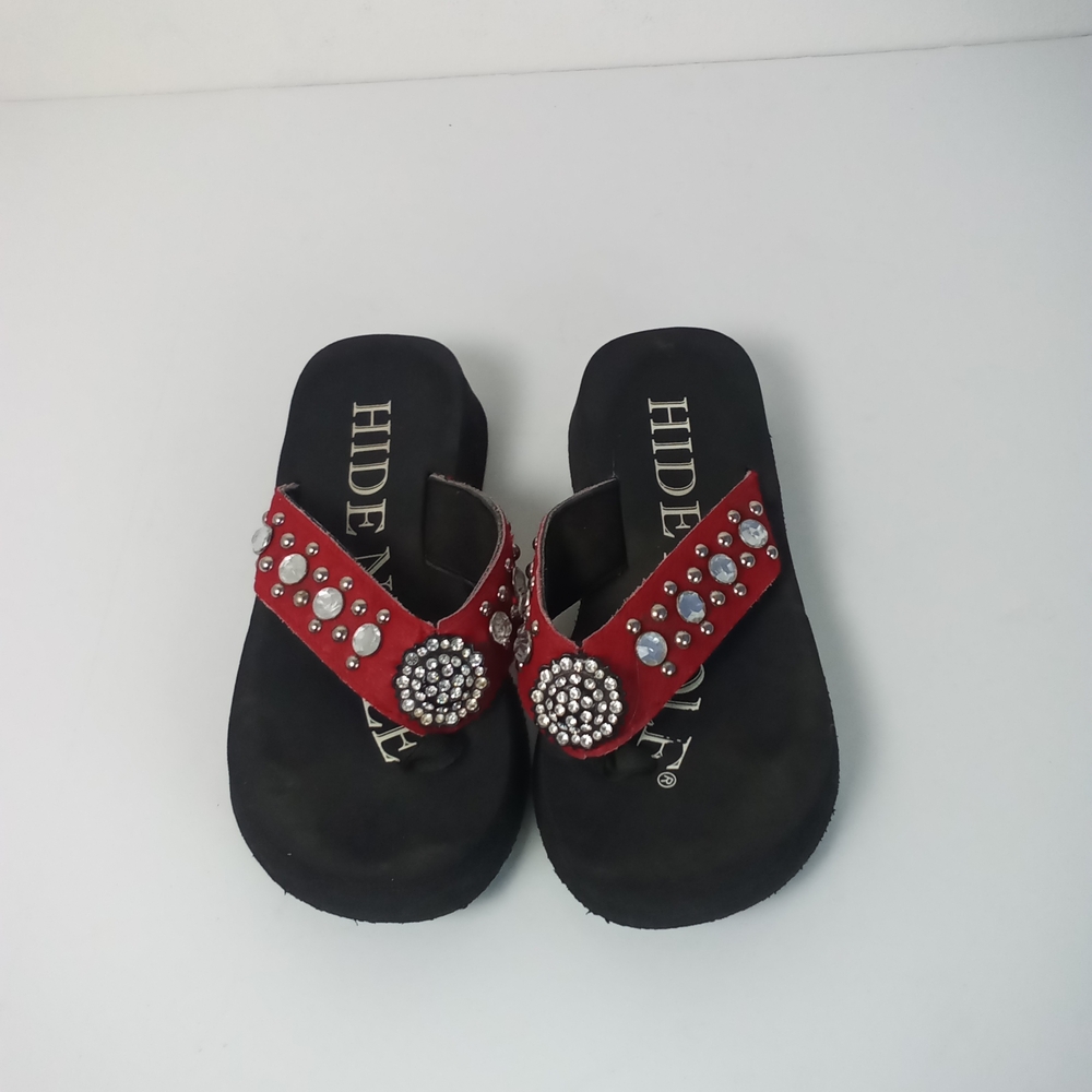 Hide N Sole  Red Cowhide Rhinestone Embellished Sandals Western Size 7